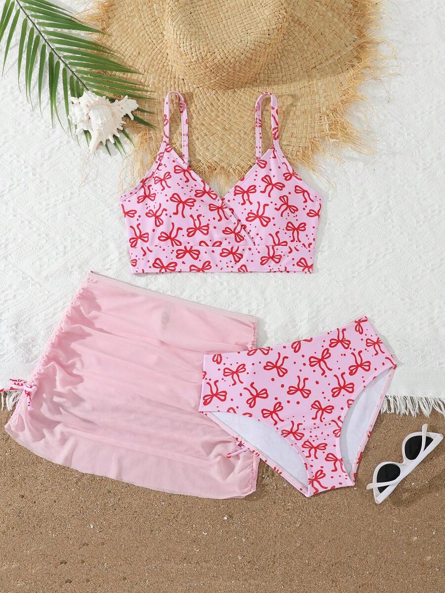 Tween Girls' 3pcs Butterfly Print Knit Bikini Set With Swimsuit Cover Up, Fashionable, Elegant, Suitable For Swimming, Vacation, Summer - Pink - View 1