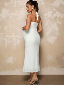 MaterniChic Maternity Solid Color 3D Floral Decor Fitted Elegant Halter Neck Dress Summer Outfits Elegant Maternity Baby Shower Dress Mermaid Baby Shower Maternity Dress For Photoshoot - White - View 2