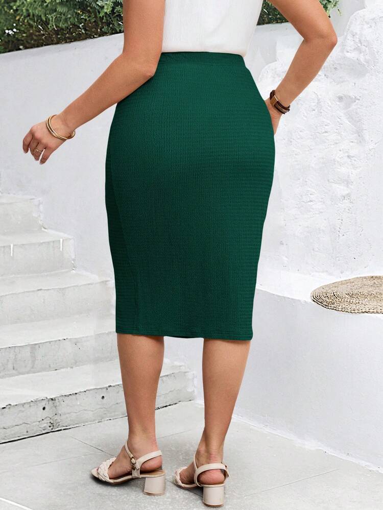 Women's Plus Size Colorblock Dark Green Semi-Sheer Knitted Slit Pencil Skirt High Waist Skirt Bodycon Skirt