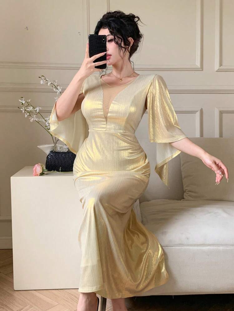 Women's Elegant Mermaid Evening Gown With Ruffle Sleeves, Net Yarn Splicing, Sequin & Hollow Splice Design, Long Formal Dress For Wedding/Banquet