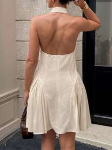 Serisse 女式性感纯色褶皱露背挂脖迷你连衣裙，夏季 - 杏色 - 查看 5