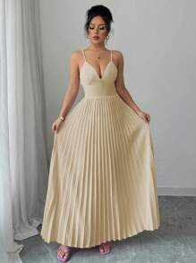 Elenzga Women's Pink V-Neck Back Strap Ruched Hem Casual Vacation Style Strap Dress - Khaki - View 6