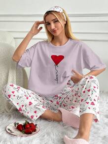 RueChic Cotton Women Love Print Pajama Set White Set - Lilac Purple - View 1