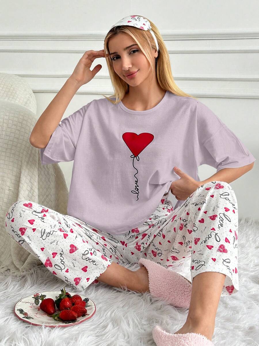 RueChic Cotton Women Love Print Pajama Set White Set - Lilac Purple - View 1