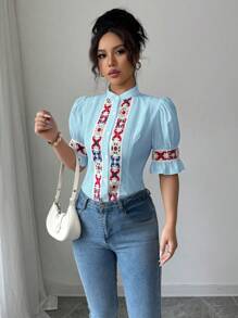 Elenzga Blouse décontractée de vacances pour femmes, à manches bouffantes, avec patchwork de sangle - Bleu azur - Voir 6