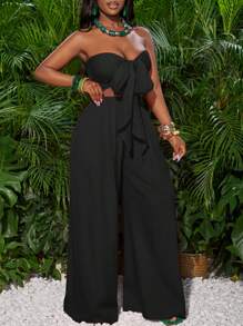 Slaydiva 玫瑰红色前系带抹胸上衣和阔腿裤女士假日装 - 黑色 - 查看 7