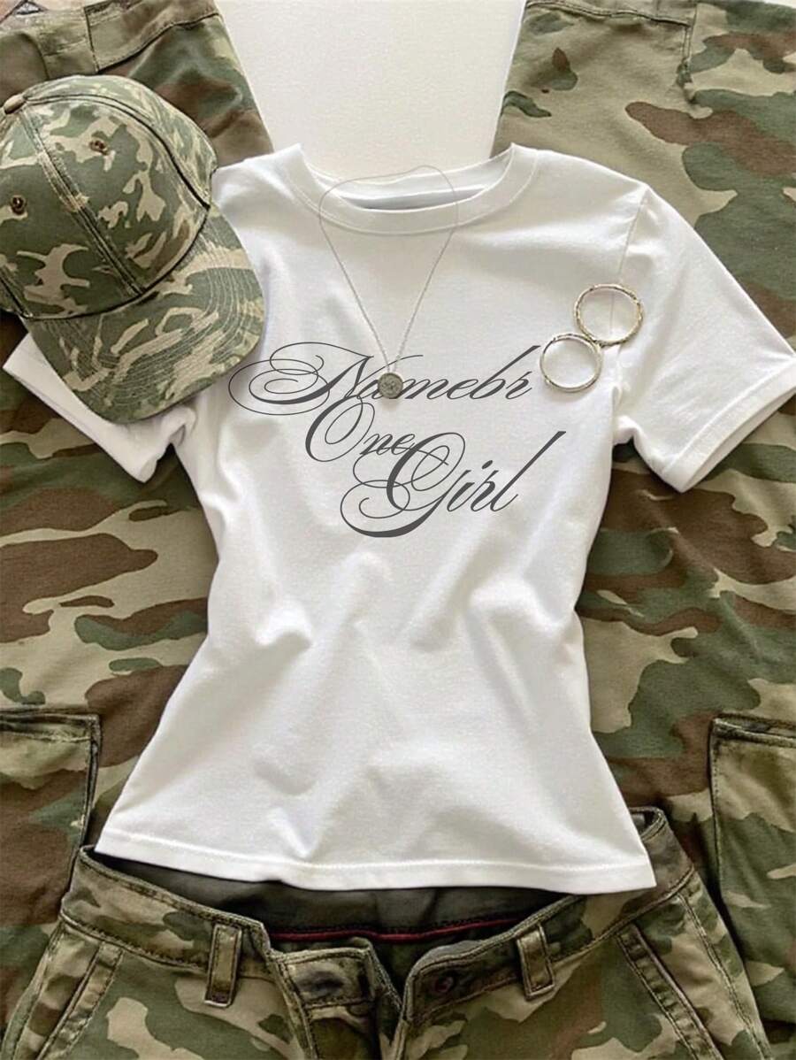Women "Number One Girl" Slogan Round Neck Short Sleeve T-Shirt, Fashion Casual Tee, Suitable For Outings And Daily Wear, Great Gift For Girlfriend, Spring/Summer New Arrival - White - View 1