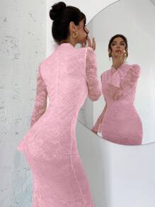 Firerie Váy đuôi cá màu trắng tay bồng ren thanh lịch cho nữ, lãng mạn và quyến rũ cho tiệc cưới, kỳ nghỉ, mùa xuân/hè - Hồng - Xem 2