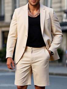 Manfinity Bizformal Solid Color Business Casual Long Sleeve Blazer & Pocket Shorts Suit Set Casual Suits For Men