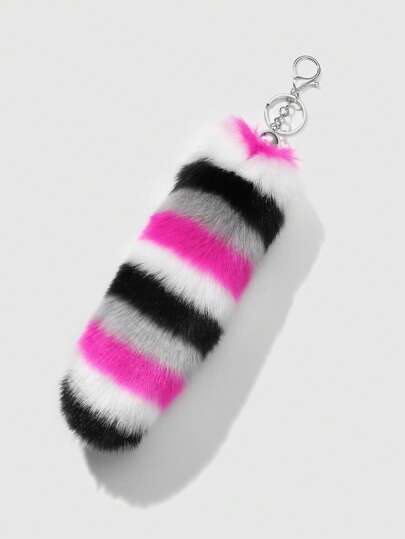 Anime 1 pieza Cadena de llave y llavero con accesorio tipo cola de animal de piel sintética de lujo a rayas multicolor con estilo Y2K, accesorio para bolso, adecuado para mujeres, regalo para días festivos
