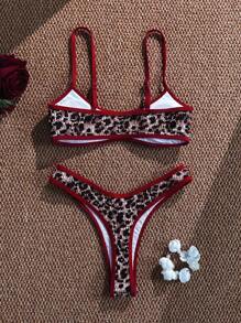 Swim Vcay Women's Fashionable Sexy Micro Spaghetti Strap Bikini 2pcs Set, Dual Shoulder Strap, Wild Leopard Print Design, Sexy Spaghetti Strap Bikini Swimwear For Summer Beach Vacation - Multicolor - View 3