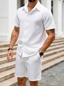 Manfinity RSRT Men's Heart Plain Short Sleeve Shirt And Shorts Set Men Clothing Men Shirt Co Ords Men Summer Clothes Men Shirt Co Ords White Collar Shirt Men White Dress Shirt Men - White - View 1