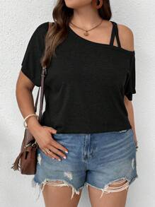 SHEIN LUNE Plus Size Casual Solid Color Asymmetric Collar Batwing Sleeve T-Shirt - Black - View 3