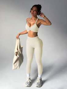 Dewbera Women's Plain Pleated Camisole And Leggings Sports Set Workout Clothes Women Women Sports Outfit - Creamy White - View 3