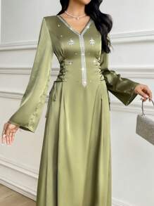 Al Najma 女士简约阿拉伯风格长袖连衣裙，适合夏季 - 綠色 - 查看 5