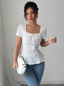 Airlisse Camiseta de mujer elegante de unicolor con bordado calado, para verano