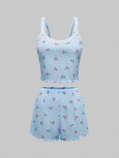 Set da pigiama in maglia estiva da donna con ciliegie della campagna kawaii e design traforato