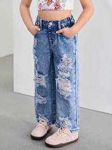 Girls Ripped Wide Leg Straight Denim Jeans, Loose Fit - Medium Wash - View 6