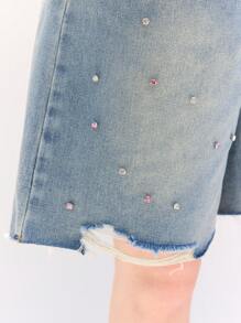 LYSMO Pantaloncini di jeans casual e morbidi da donna con decorazioni di strass, tasche e frange sul bordo