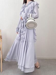 FRIFUL Women's Multi-Layered Ruffle Hem Splice Long Sleeve Flared Sleeve Loose A-Line Sweet Spring/Fall Dress, Suitable For Outdoor/Fall Wear