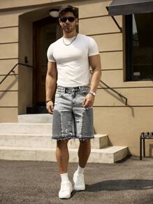 Manfinity LEGND Pantalones cortos vaqueros de hombre informales con bolsillo lateral roto, para verano