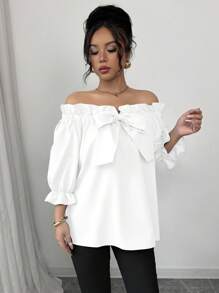 Elenzga 荷叶边蝴蝶结女式衬衫，新品上市 - 白色 - 查看 5
