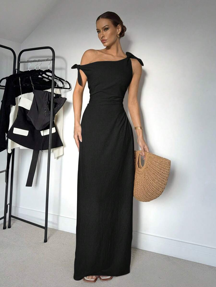 Siren Gaze 女士纯色不对称领腰修身优雅连衣裙 - 黑色 - 查看 1