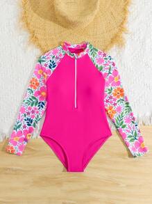 SHEIN Tween 女童花卉印花拼布连体泳衣 - 玫紅色 - 查看 6