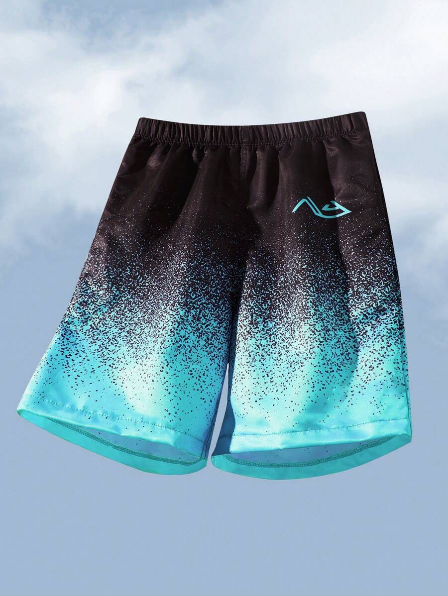 SHEIN Leap Crew Tween Boy Ombre Woven Beach Shorts/Swim Trunks, Suitable For Summer, Outdoor Play, School, Street Style, Party, Home Leisure And Swimming - Blue - View 1