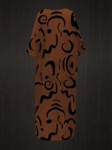 SHEIN Plus Size Allover Print V-Neck Slit Hem Short Sleeve Top & Elastic Waist Pants 2 Pieces Set - Mocha Brown - View 2