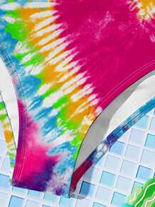 SHEIN 青少年女孩休闲简约心形扎染图案短款上衣和下装泳衣套装，适合夏季