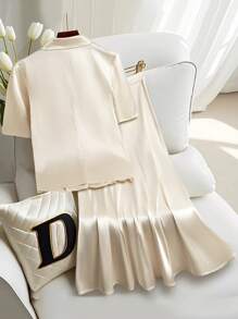 GlowEve 2Pcs Women Solid Color Short Sleeve Jacket & Skirt Set, Fashionable For Summer - Apricot - View 2