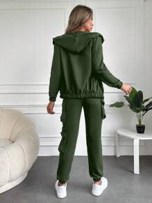 RueChic 2pcs Women Set: Solid Color Hooded Zip-Up Jacket And Elastic Waist Sweatpants - Army Green - View 2