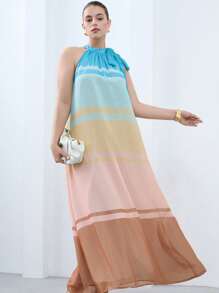 Aveloria Modichic New Loose & Comfortable Vacation Beach Design Chiffon Halter Dress With Gradient Striped Print, Plus Size Long Dress In Morandi Tones, Plus Size