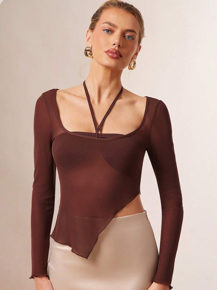 Hauture 2pcs Women Solid Color Halter Neck Top With Asymmetric Hem & Long Sleeve Top Set