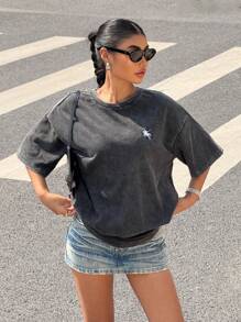 Muchica 女式黑色针织圆领落肩袖休闲T恤，带骑士印花 - 黑色 - 查看 6