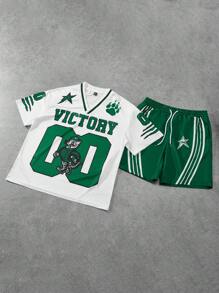 PAVTROS 2pcs Men's T-Shirt & Shorts Set, Green Short Sleeve Tee And Shorts, Oversized Graphic V-Neck T-Shirt, Casual & Sports, Versatile Y2k Clothes Men Y2k Jersey Men Workout Clothes For Men Men Streetwear - Green - View 6