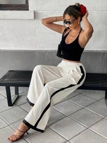 Pariaura Pantalones de pierna acampanada de cintura alta para mujer, de estilo francés a dos tonos, con tela drapeada y decoración de rayas laterales, pantalones blancos para primavera y verano
