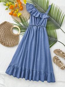 SHEIN Vestido camiseta con volantes y ribete de mujer adolescente de denim azul