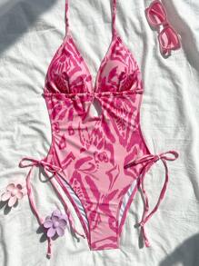 SHEIN Swim 女士细肩带露背随机印花系带侧连体泳衣，时尚夏季沙滩装