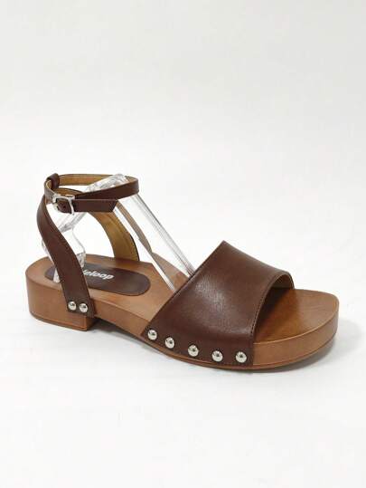 Styleloop Women's Round Toe Ankle Strap Open Toe High Heel Sandals, Outdoor/Commute PU Chunky Heel Brown Shoes, Bohemian Western Music Festival Party Outfit For Christmas