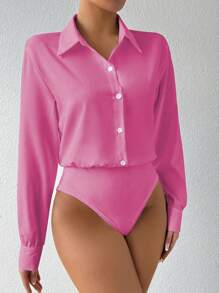 Chiquease Women Solid Front Button Casual Long Sleeve Bodysuit - Hot Pink - View 4