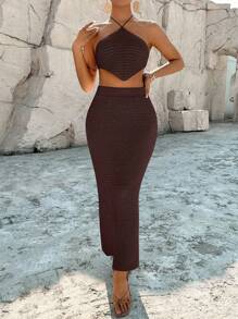 Breezaya Casual Holiday Asymmetric Hem Spaghetti Strap Crop Tank And Mini Skirt 2Pcs Set - Coffee Brown - View 3