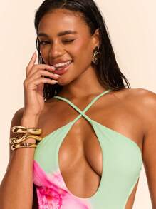 SHEIN BAE Women's Sexy Elegant Romantic Vintage Floral Print Backless High Slit One Piece Swimsuit, Vacation Wear - Green - View 3