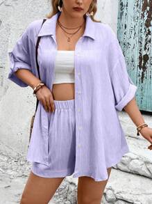 Breezaya 2pcs Plus Size Set - Solid Color Shirt & Shorts, Fashionable Summer Outfit