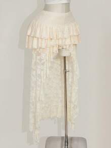 SHEIN ICON Plus Size High Waist Lace Layered Front Short Rear Long Skirt, Boho, Vacation - Beige - View 5