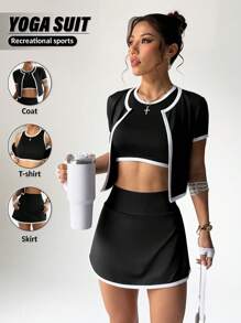 Easithlete 3pcs/Set Women Yoga Sports Casual Cropped Sleeve Top, Cropped Tank Top And Mini Skirt - Black - View 1