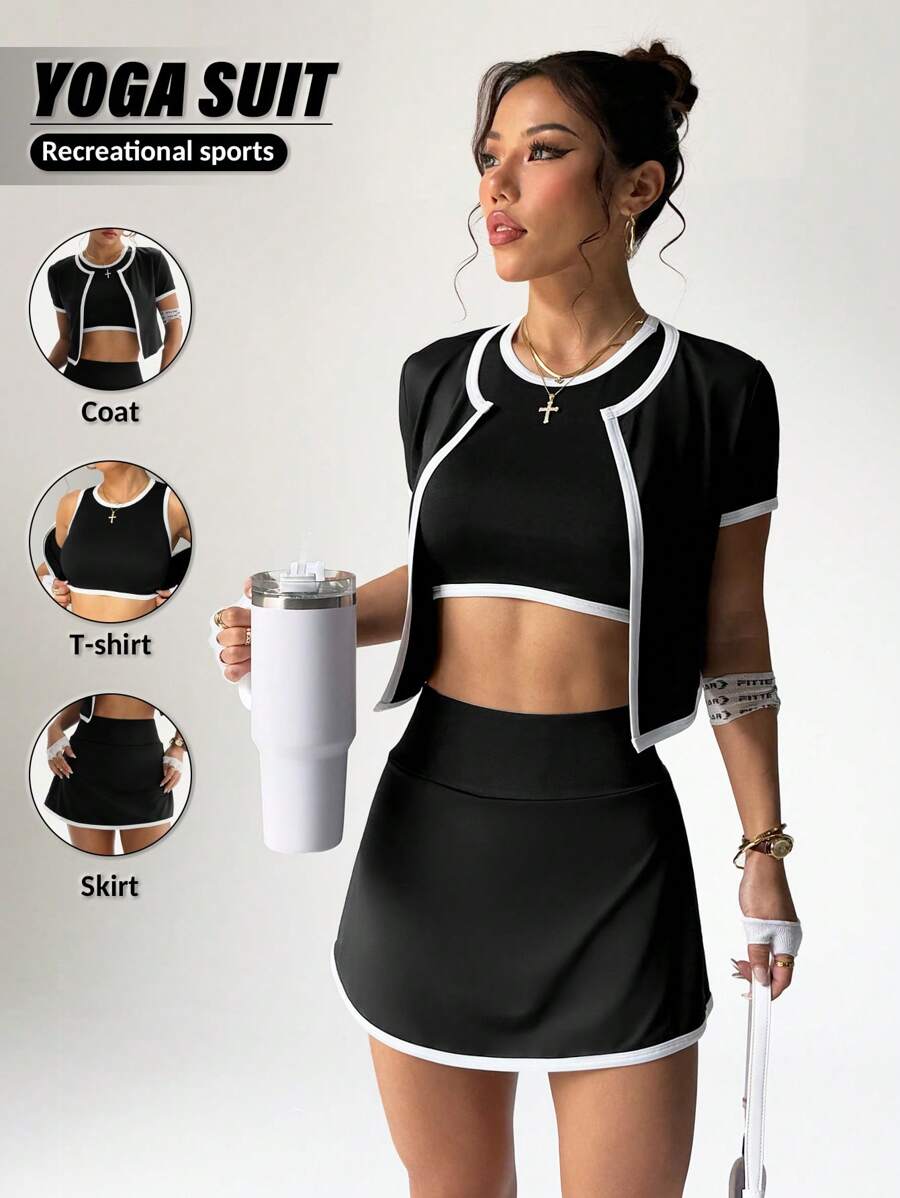 Easithlete 3pcs/Set Women Yoga Sports Casual Cropped Sleeve Top, Cropped Tank Top And Mini Skirt - Black - View 1