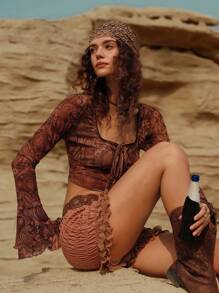 SHEIN LUNE Boho Western Style Lace Patchwork Fitted Shorts, Brown Renaissance Fair Country Concert Summer Western Wear Women Bohemia Boho Women Western Rave Hippie - Brown - View 1