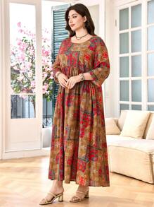 SHEIN Lacomfia 加大码花卉印花休闲舒适阿拉伯长裙 - 彩色 - 查看 3